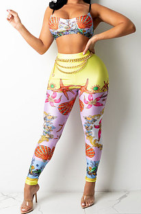 Scallops Sexy Women Fashion Printing Tight Condole Belt Backless Long Pants Sets YZ7034-1