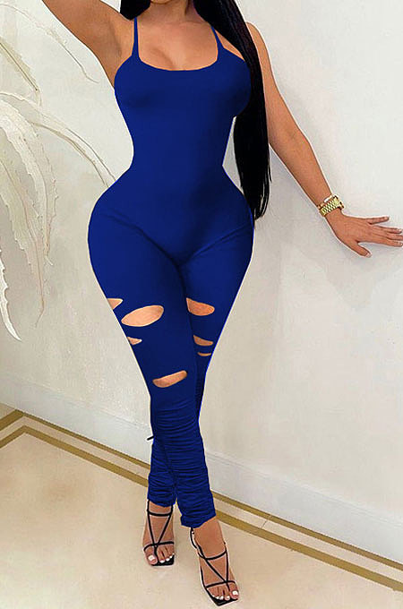 Royal Blue Women Trendy Casual Pure Color Condole Belt Hole Ruffle Sexy Backless Bodycon Jumpsuits WME2051-1