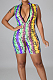 Yellow Nigh Club Fashion Printing Sleeveless V Neck Slim Fitting Romper Shorts P8721-1