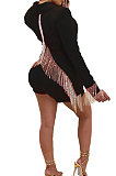 Blue Euramerican Women Solid Color Back Deep V Split Tassel Casual Turn-Down Collar Shorts Sets RB3042-6