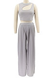 Blue Women Sleeveless Solid Color Round Neck Dew Waist Pants Sets KZ2123-5