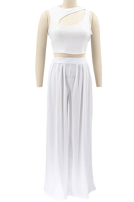 Yellow Women Sleeveless Solid Color Round Neck Dew Waist Pants Sets KZ2123-2
