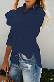 Dark Blue Summer New Long Sleeve Lapel Collar Single-Breasted Loose Solid Color Shirts MDO0172-2