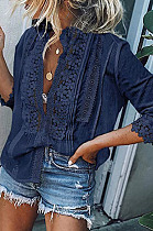 Dark Blue Fashion Lace Stand Collar Half Sleeve Ruffle Cardigan Shirts MDO9004-2