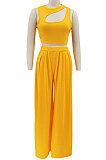 Gray Women Sleeveless Solid Color Round Neck Dew Waist Pants Sets KZ2123-3