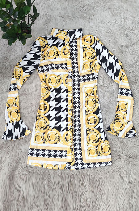 Digital Printing Long Sleeve Horn Sleeve Turn-Down Collar Slim Fitting T Shirt/Shirt Dress YZ7037