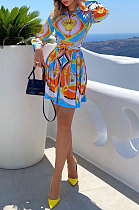 Orange Yellow Women Printing Casual Bodycon Long Sleeve Turn-Down Collar T Shirt/Shirt Dress YZ7040-1