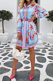Blue Women Printing Casual Bodycon Long Sleeve Turn-Down Collar T Shirt/Shirt Dress YZ7040-2