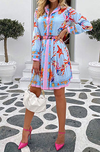 Blue Women Printing Casual Bodycon Long Sleeve Turn-Down Collar T Shirt/Shirt Dress YZ7040-2