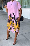 Yellow Women Turn-Down Collar Short Sleeve Irregular Printing Casual T Shirt/Shirt Dress KZ2118-3