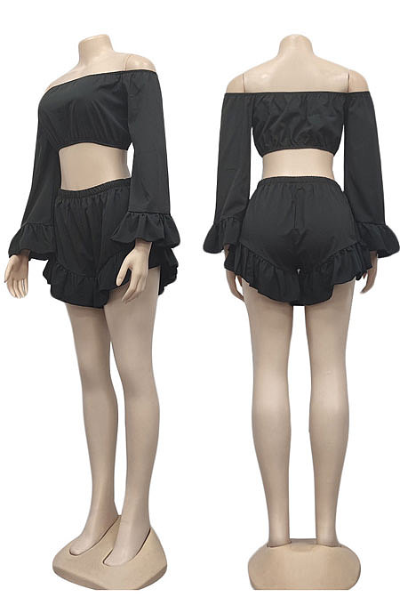 Black Women Fashion Pure Color Off Shoulder Horn Sleeve Dew Waist Flounce Shorts Sets YZ7041-3