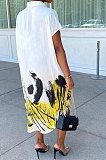 White Women Turn-Down Collar Short Sleeve Irregular Printing Casual T Shirt/Shirt Dress KZ2118-1