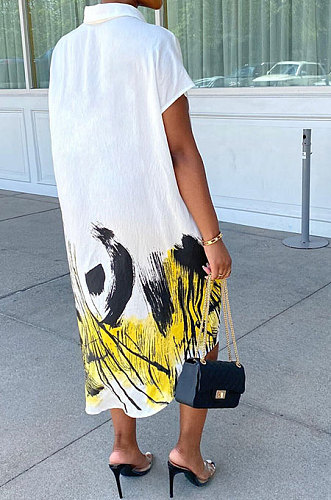 White Women Turn-Down Collar Short Sleeve Irregular Printing Casual T Shirt/Shirt Dress KZ2118-1
