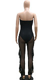 Black High Waist Solid Color Polyester Mesh Strapless Backless Bodycon Jumpsuits YF9203-1