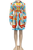 Orange Yellow Women Printing Casual Bodycon Long Sleeve Turn-Down Collar T Shirt/Shirt Dress YZ7040-1