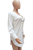 White Women Long Sleeve V Neck Pure Color Shirts Single-Breasted Slim Fitting T Shirt/Shirt Dress WMZ0098-1