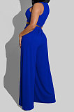 Yellow Women Sleeveless Solid Color Round Neck Dew Waist Pants Sets KZ2123-2
