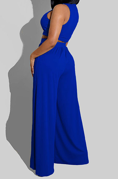 Yellow Women Sleeveless Solid Color Round Neck Dew Waist Pants Sets KZ2123-2