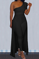 Black Personality One Shoulder Short Sleeve Long Pants Cape Pure Color Bodycon Jumpsuits OMY80036-2