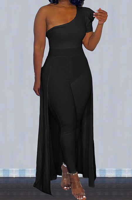 Black Personality One Shoulder Short Sleeve Long Pants Cape Pure Color Bodycon Jumpsuits OMY80036-2
