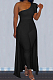 Black Personality One Shoulder Short Sleeve Long Pants Cape Pure Color Bodycon Jumpsuits OMY80036-2