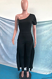 Black Personality One Shoulder Short Sleeve Long Pants Cape Pure Color Bodycon Jumpsuits OMY80036-2