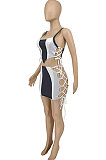 Black White Color Matching Bandage Condole Belt Backless Shorts Sets WME20754