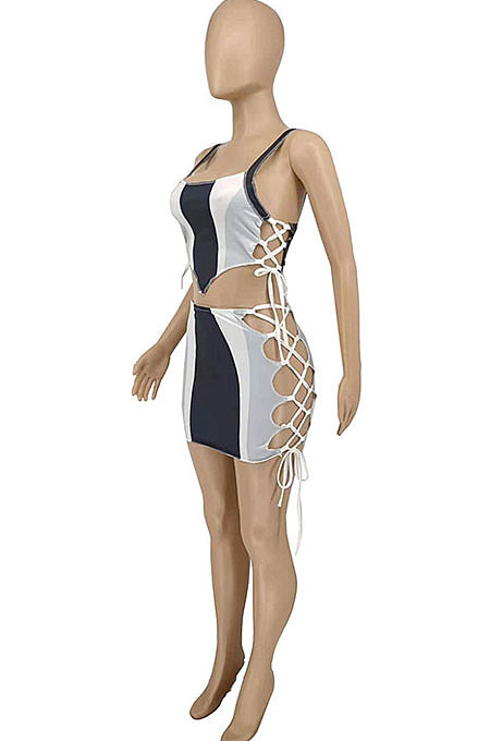 Black White Color Matching Bandage Condole Belt Backless Shorts Sets WME20754