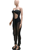 Black High Waist Solid Color Polyester Mesh Strapless Backless Bodycon Jumpsuits YF9203-1