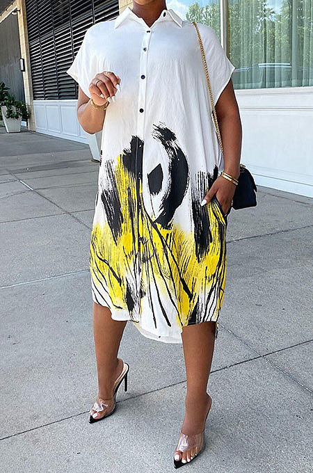 Yellow Women Turn-Down Collar Short Sleeve Irregular Printing Casual T Shirt/Shirt Dress KZ2118-3