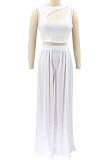 Black Women Sleeveless Solid Color Round Neck Dew Waist Pants Sets KZ2123-4