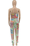 Black Euramerican Women Fashion Printing Condole Belt V Neck Casual Jumpsuit WME2068-2