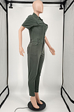 Green Casual Pure Color Short Sleeve Lapel Collar Single-Breasted With Pocket Collcet Waist Overall Jumpsuit YM211