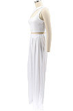 Gray Women Sleeveless Solid Color Round Neck Dew Waist Pants Sets KZ2123-3