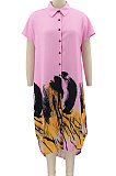 White Women Turn-Down Collar Short Sleeve Irregular Printing Casual T Shirt/Shirt Dress KZ2118-1