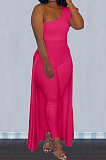Black Personality One Shoulder Short Sleeve Long Pants Cape Pure Color Bodycon Jumpsuits OMY80036-2