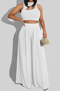 White Women Sleeveless Solid Color Round Neck Dew Waist Pants Sets KZ2123-1