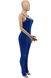 Royal Blue Women Trendy Casual Pure Color Condole Belt Hole Ruffle Sexy Backless Bodycon Jumpsuits WME2051-1