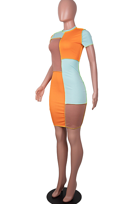 Orange Fashion Spliced Short Sleeve Round Collar Slim Fitting Hip Midi Dress SZS8154-1