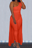 White Personality One Shoulder Short Sleeve Long Pants Cape Pure Color Bodycon Jumpsuits OMY80036-1