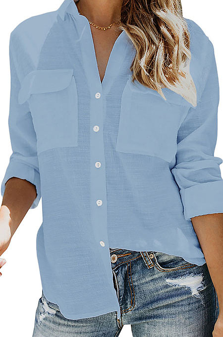 White Summer New Long Sleeve Lapel Collar Single-Breasted Loose Solid Color Shirts MDO0172-1