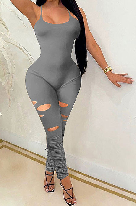 Gray Women Trendy Casual Pure Color Condole Belt Hole Ruffle Sexy Backless Bodycon Jumpsuits WME2051-2
