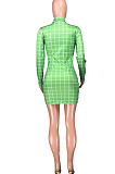 Green Fashion Plaid Printing Long Sleeve Round Collar Slim Fitting Solid Color Hip Mini Dress YMT6223-1