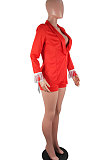 Blue Euramerican Women Solid Color Back Deep V Split Tassel Casual Turn-Down Collar Shorts Sets RB3042-6