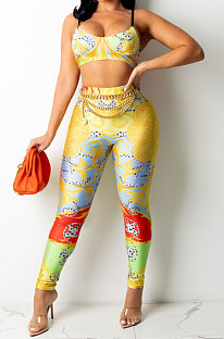 Sexy Women Fashion Printing Tight Condole Belt Backless Long Pants Sets YZ7034-3