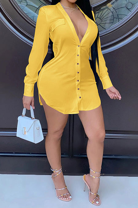 Yellow Women Long Sleeve V Neck Pure Color Shirts Single-Breasted Slim Fitting T Shirt/Shirt Dress WMZ0098-3