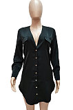 Blue Women Long Sleeve V Neck Pure Color Shirts Single-Breasted Slim Fitting T Shirt/Shirt Dress WMZ0098-4