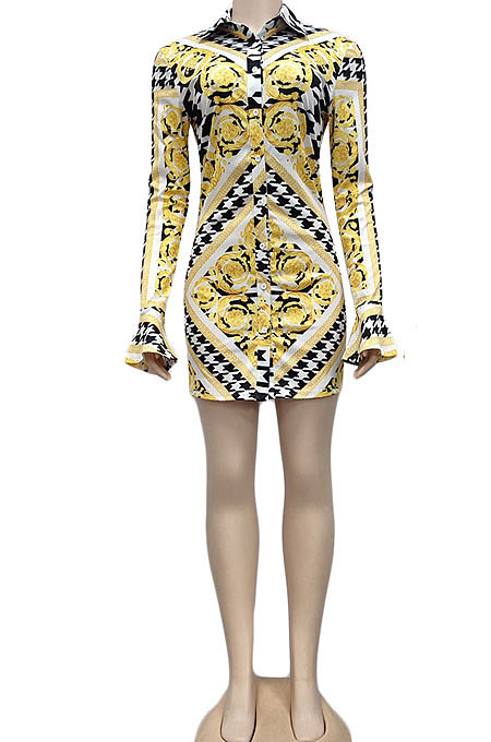 Digital Printing Long Sleeve Horn Sleeve Turn-Down Collar Slim Fitting T Shirt/Shirt Dress YZ7037