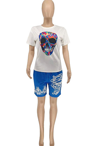 Blue Women Fashion Skulls Printing Shorts Sets WME20753