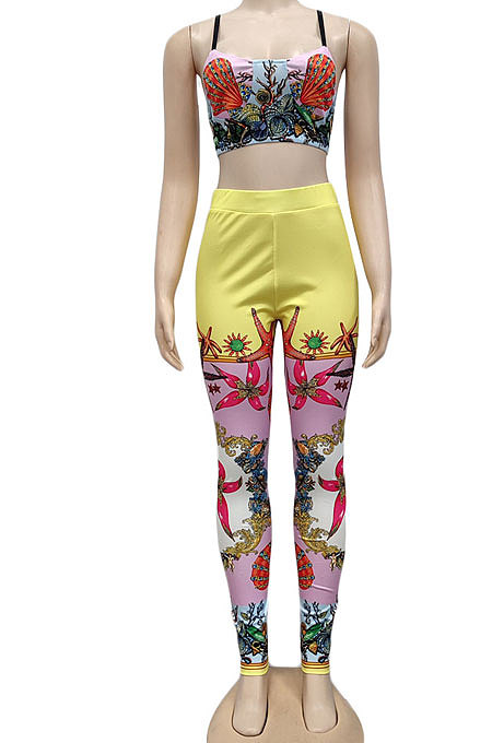 Blue Sexy Women Fashion Printing Tight Condole Belt Backless Long Pants Sets YZ7034-2
